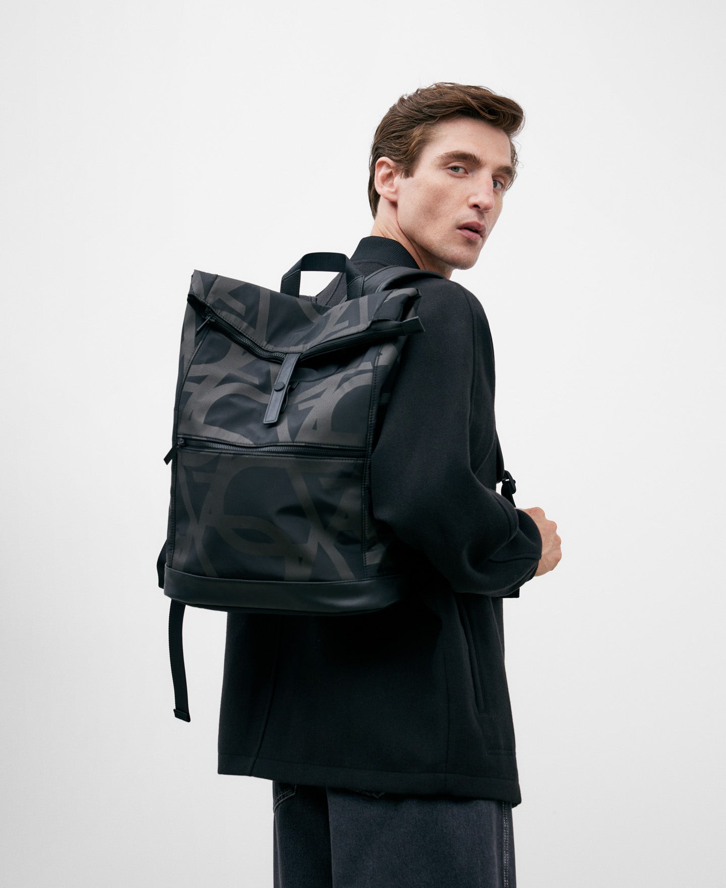 Black Monogram Print Backpack