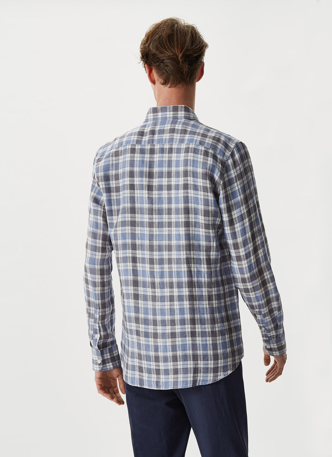 Washed Blue Check Linen Shirt With Button-Down Collar