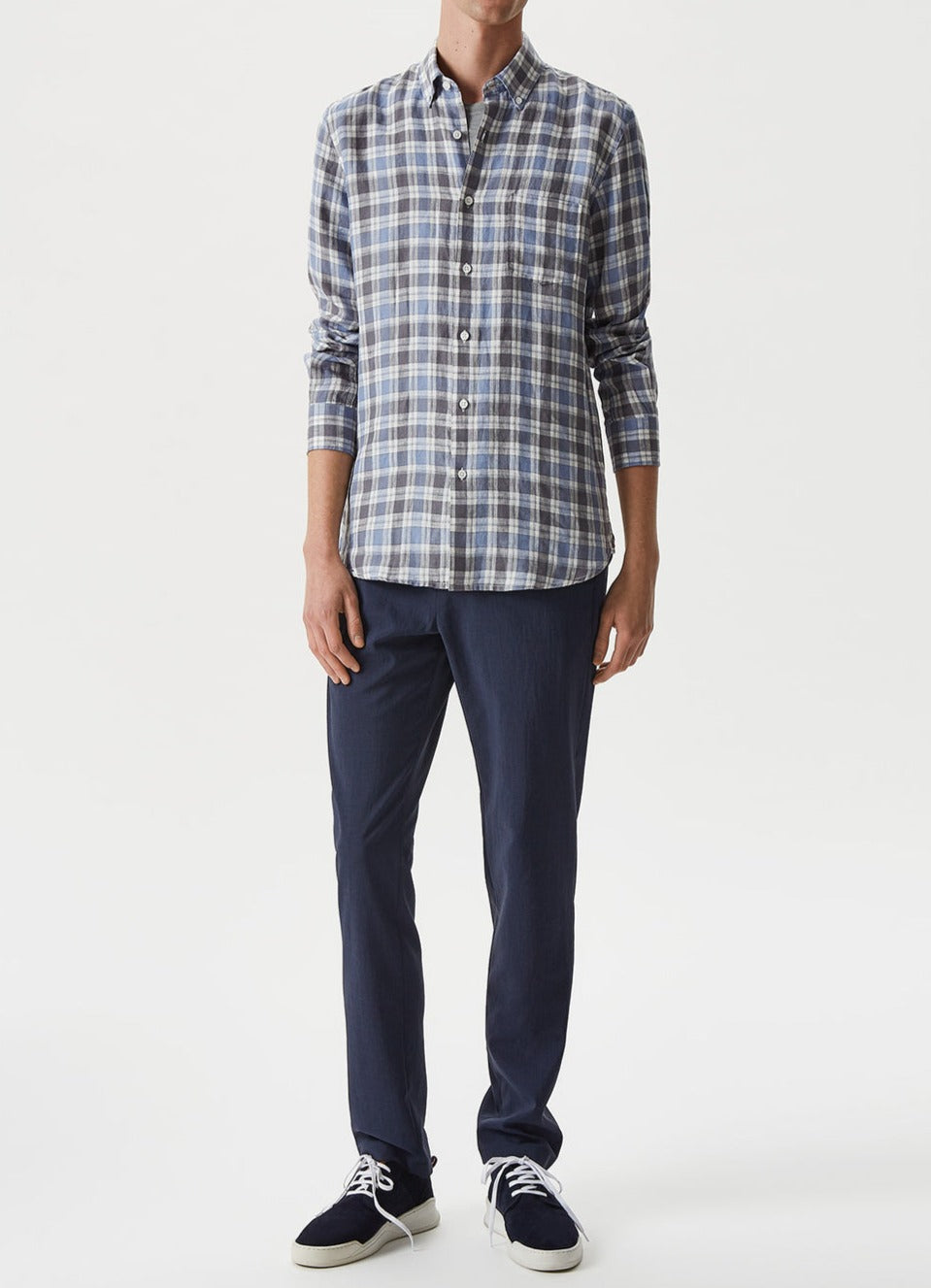 Washed Blue Check Linen Shirt With Button-Down Collar