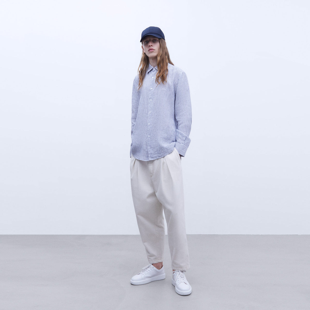 Linen Striped Shirt in White & Blue