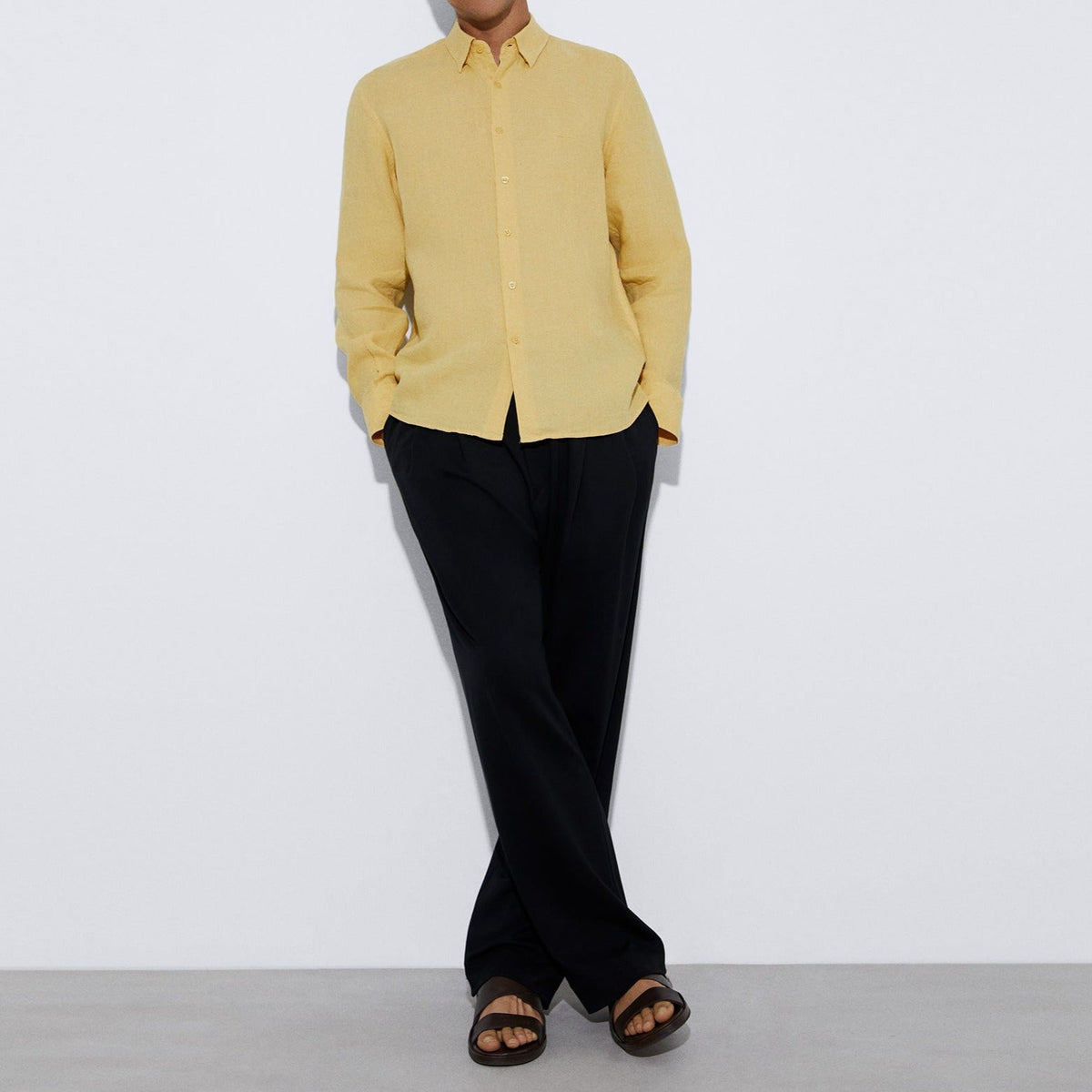 Yellow Natural Linen Lapel Collar Shirt