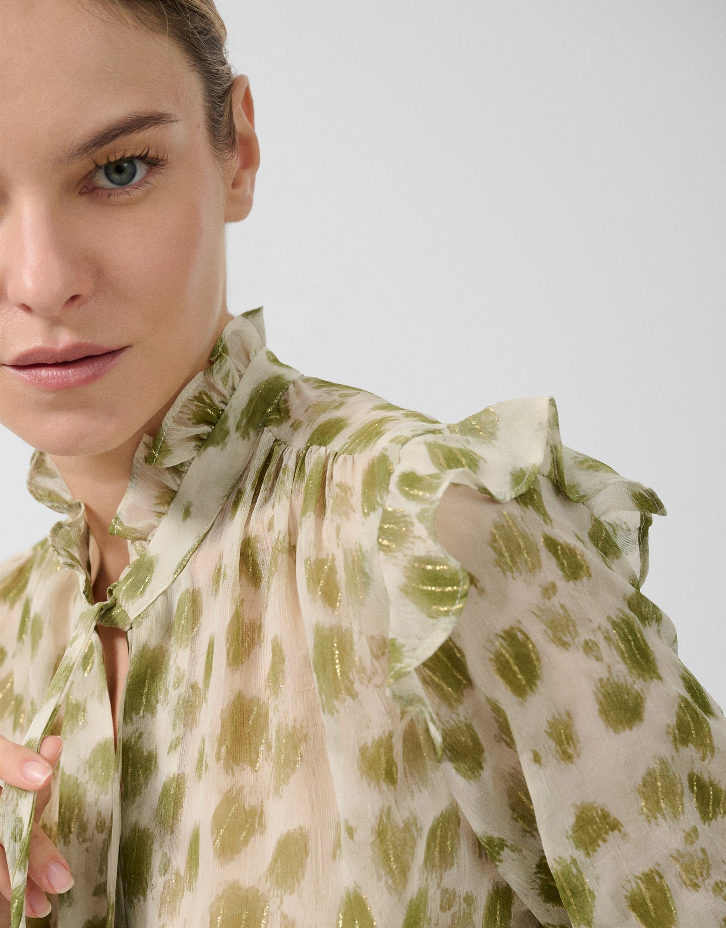 Blouse With Ruffles And Green Spotted Print
