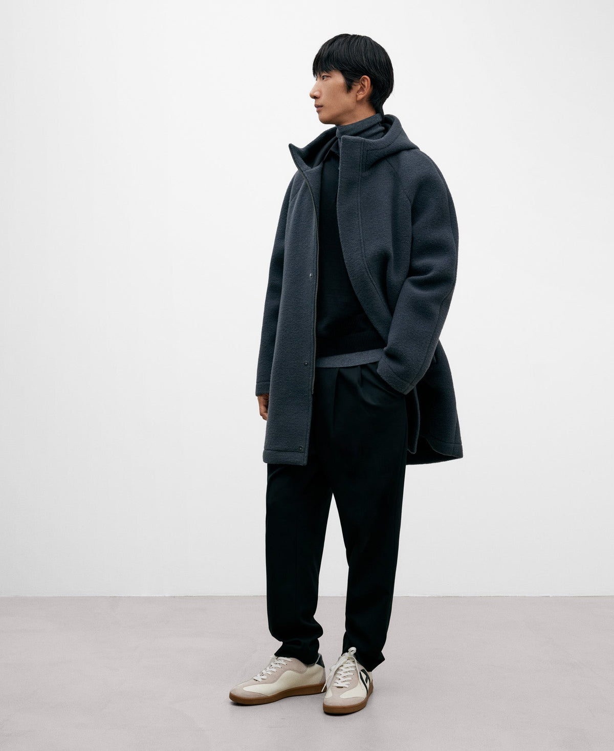 Grey Polyester Long Coat For Men