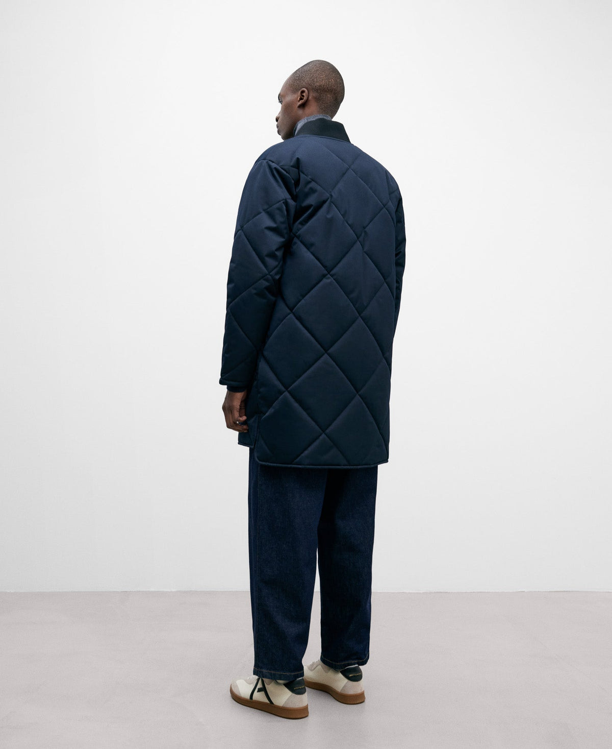 Long Padded Navy Blue Jacket For Men