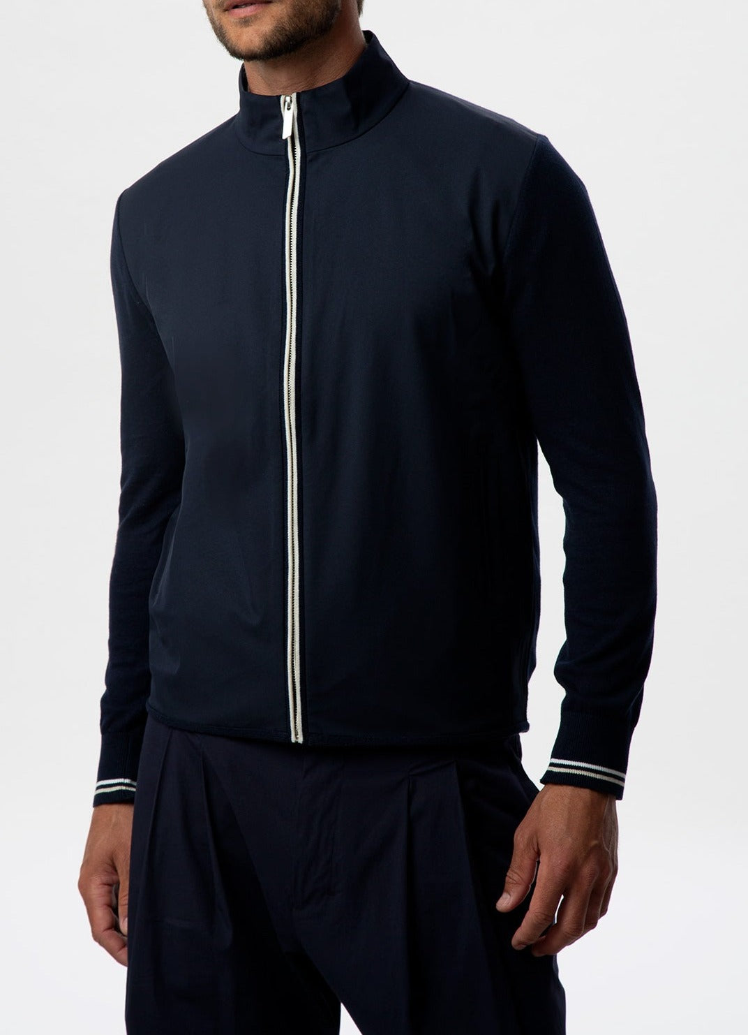 Navy Blue Cardigan With Nylon Fron