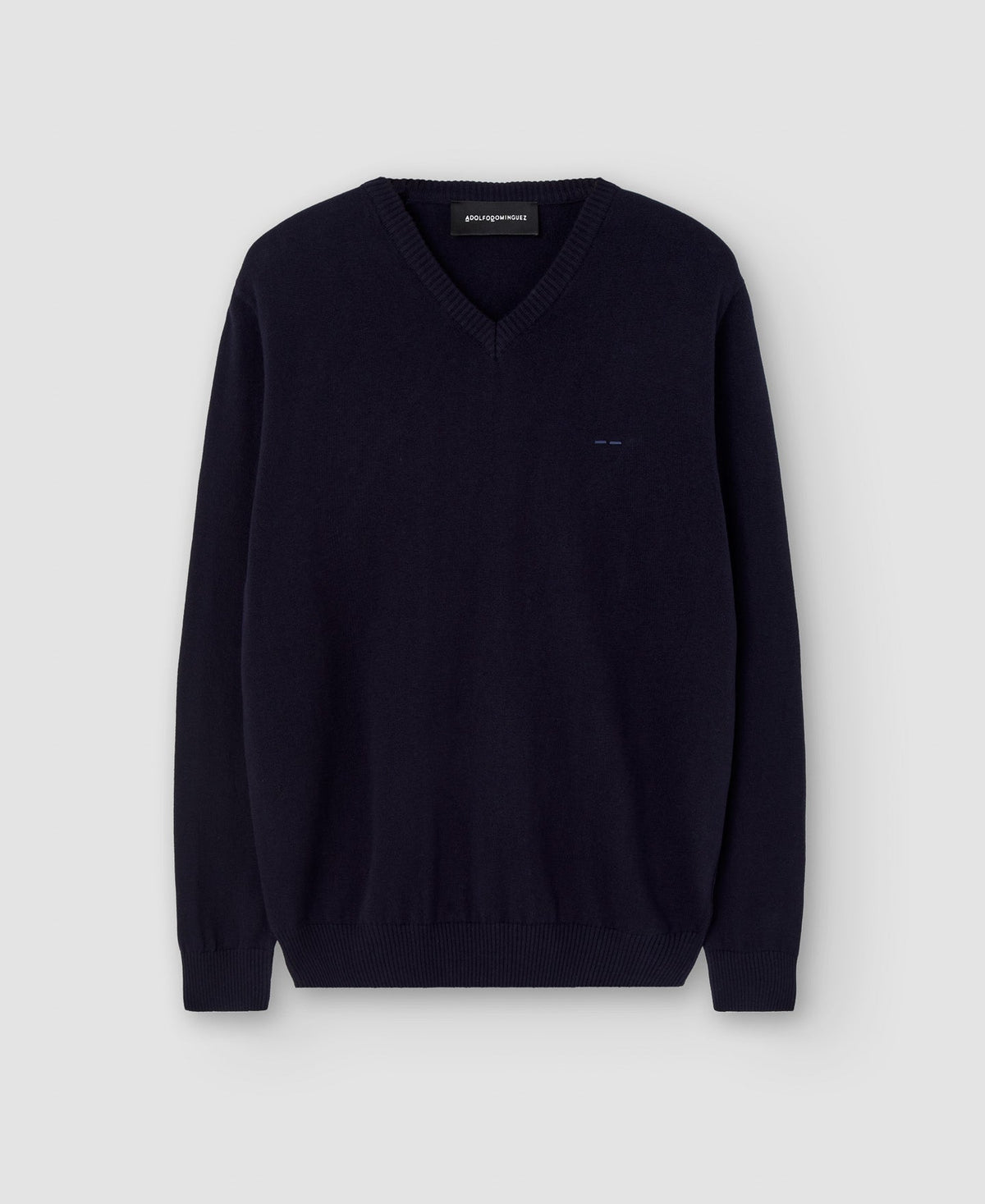 Navy Blue Cotton And Wool V-Neck Sweater