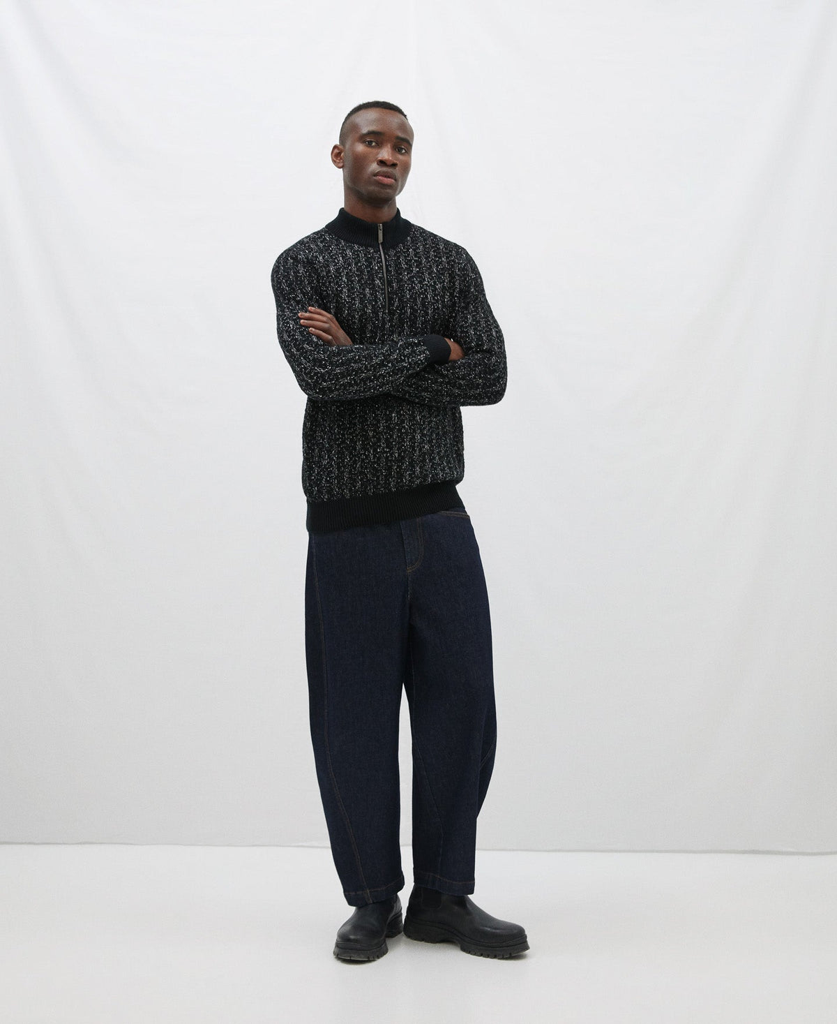 Grey/Black Cotton Cardigan With Perkins Collar