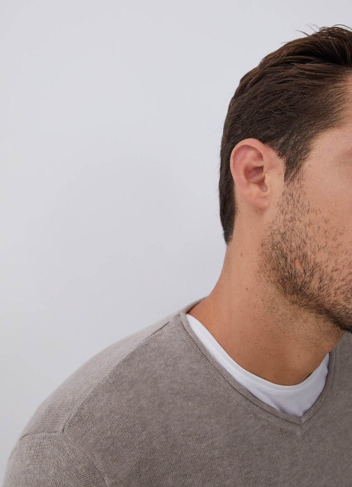 Grey V-Neckline Sweater With Roll Edge Collar