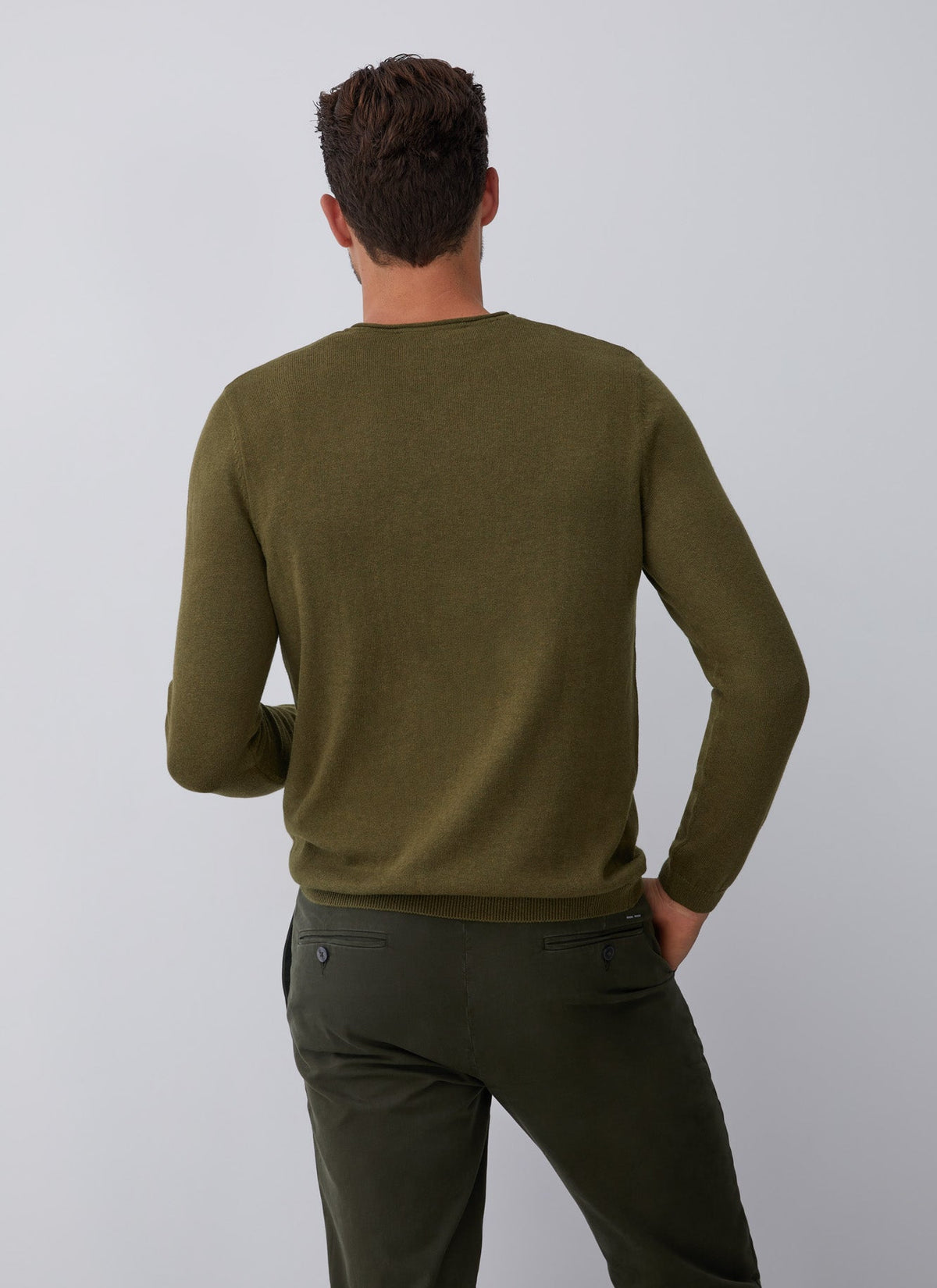 Green V-Neckline Sweater With Roll Edge Collar