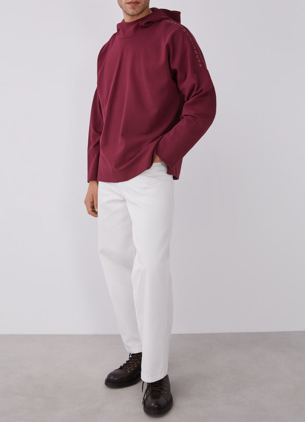Red Hooded Sweatshirt With Chimney Collar