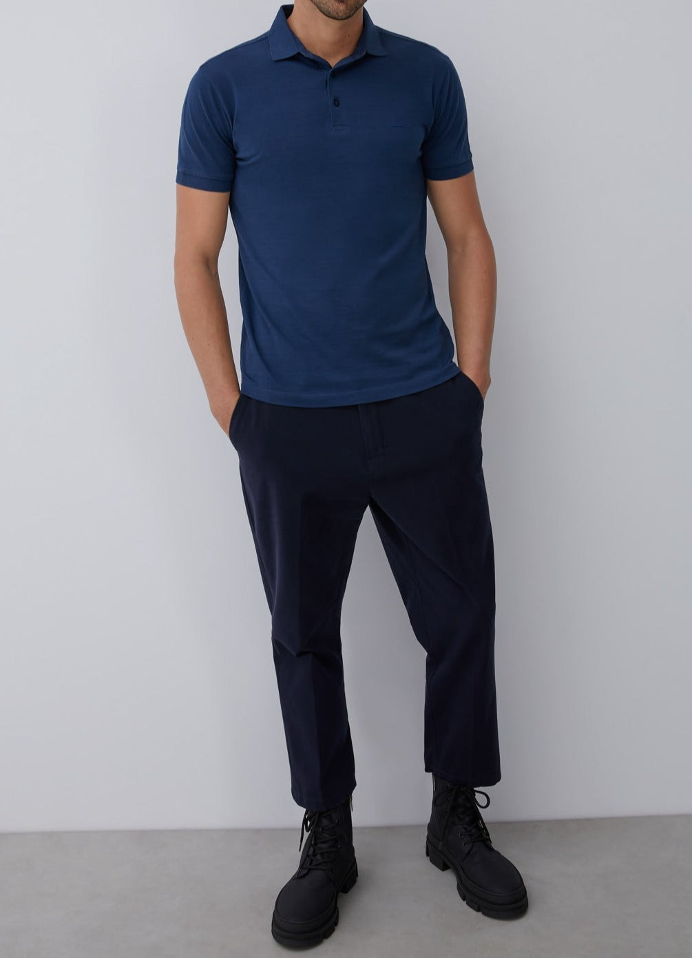 Navy Blue Cotton Trousers With Elastic Waistline