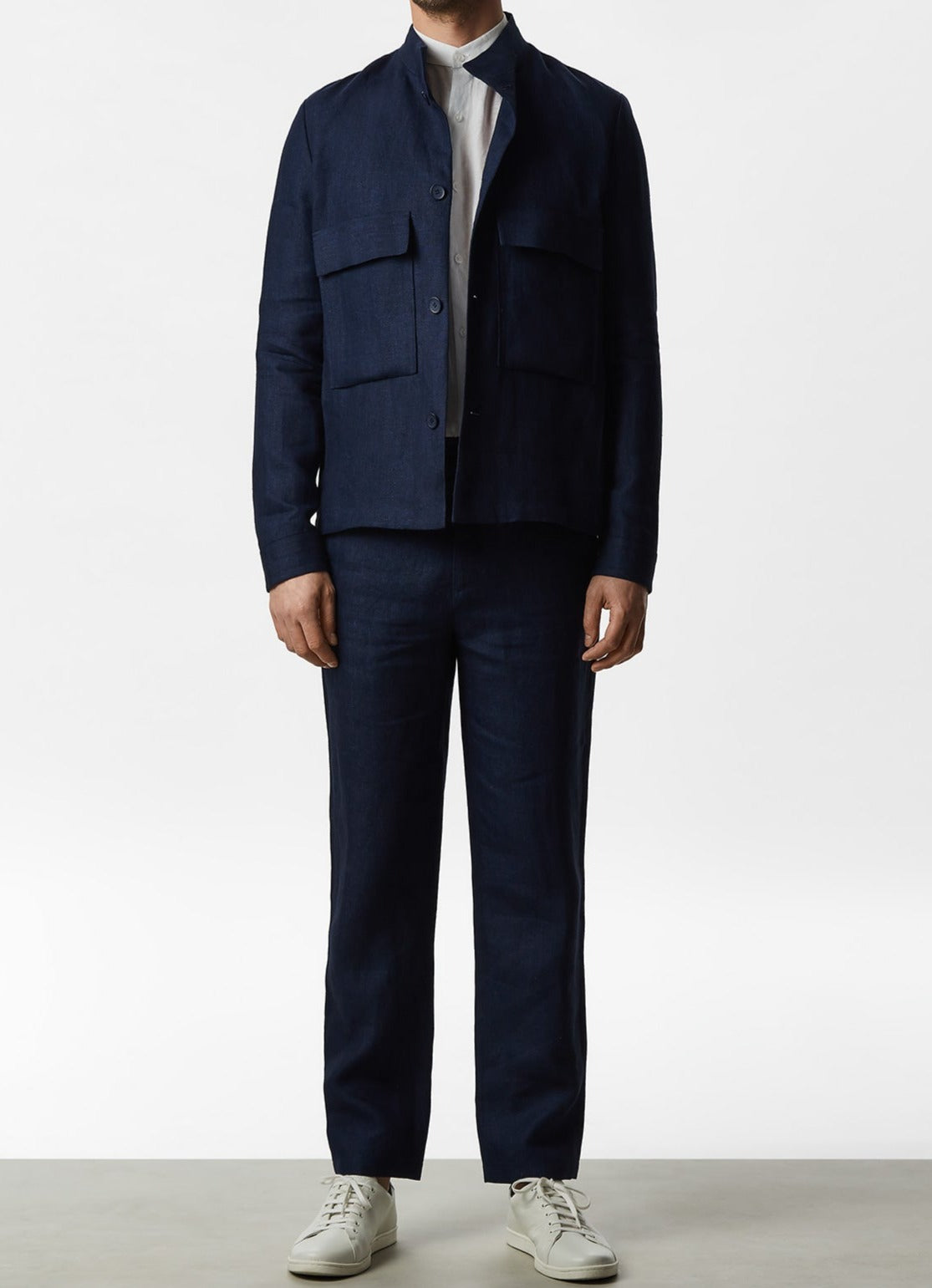 Navy Blue Linen Trousers With Side Pockets