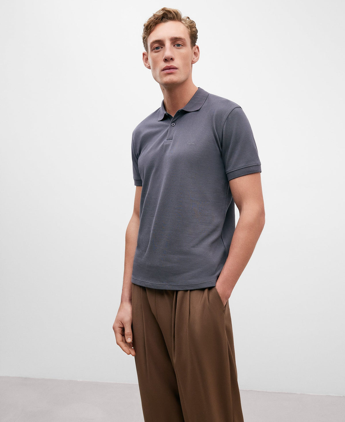 Grey Cotton Piqué Polo Shirt For Men