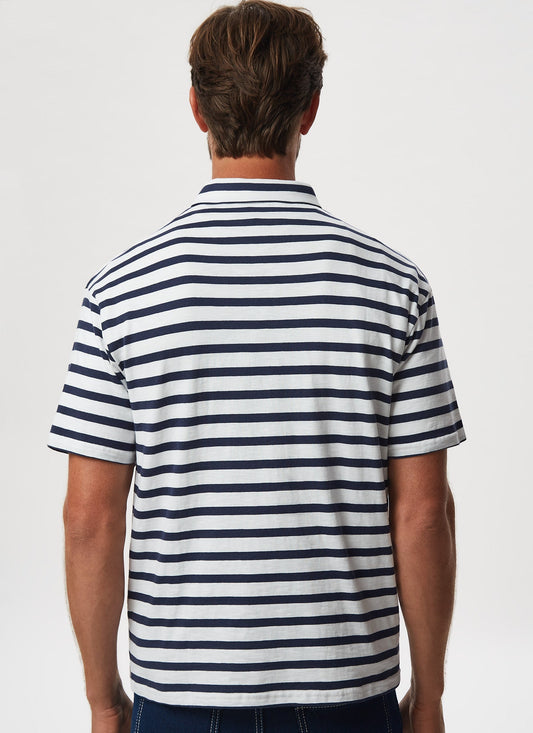 White/Navy Breton Stripes Short Sleeve Polo Shirt