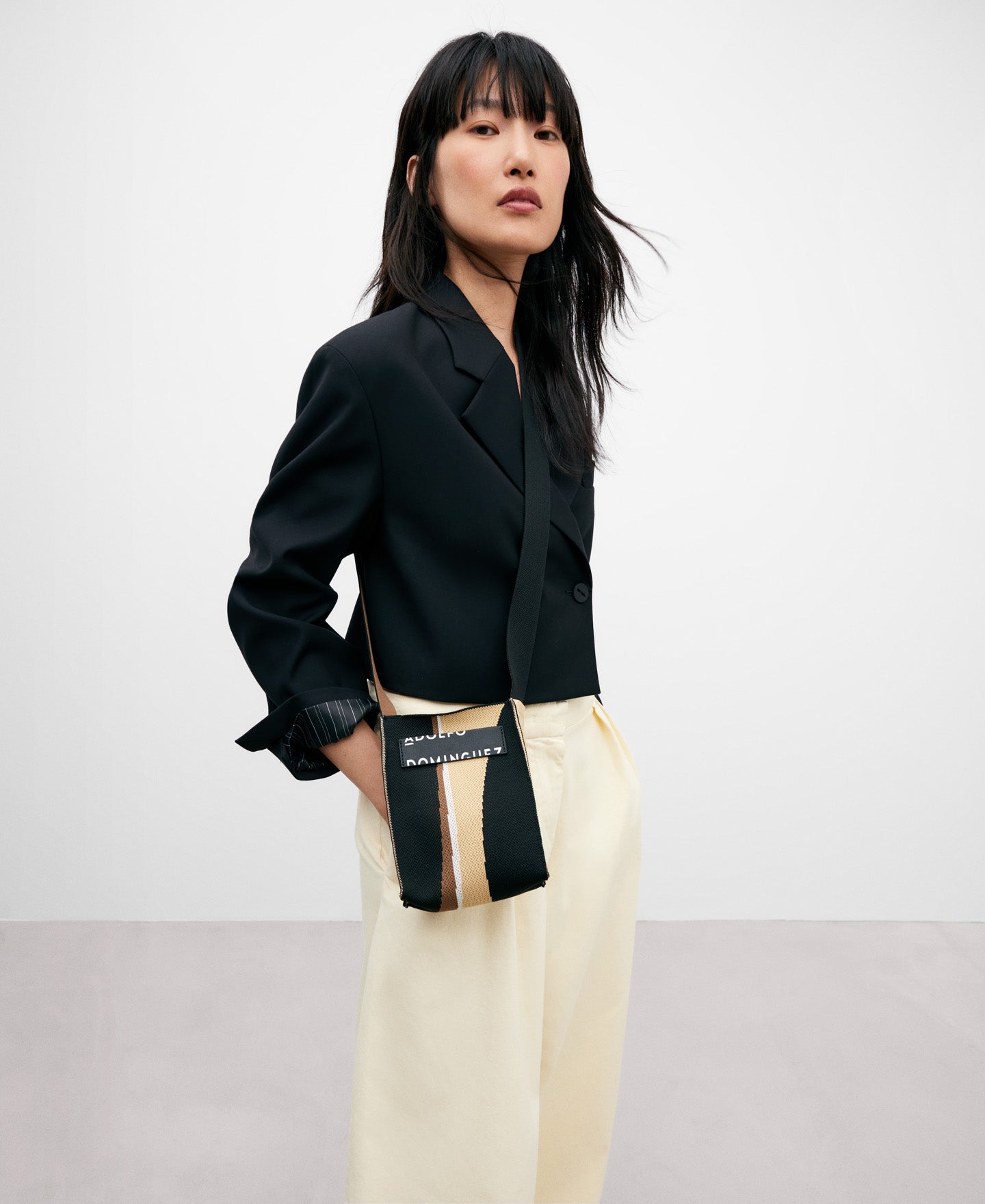 Beige/Black Print Printed Knit Mini Shoulder Bag