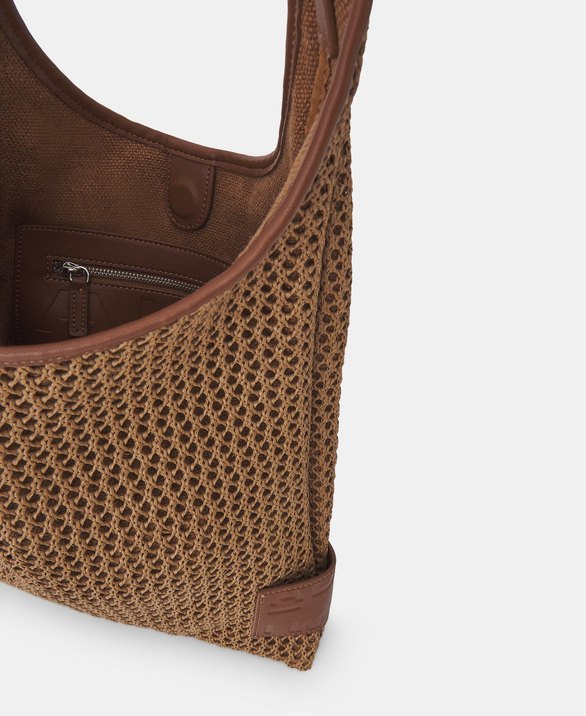 Camel Openwork Raffia Hobo Bag
