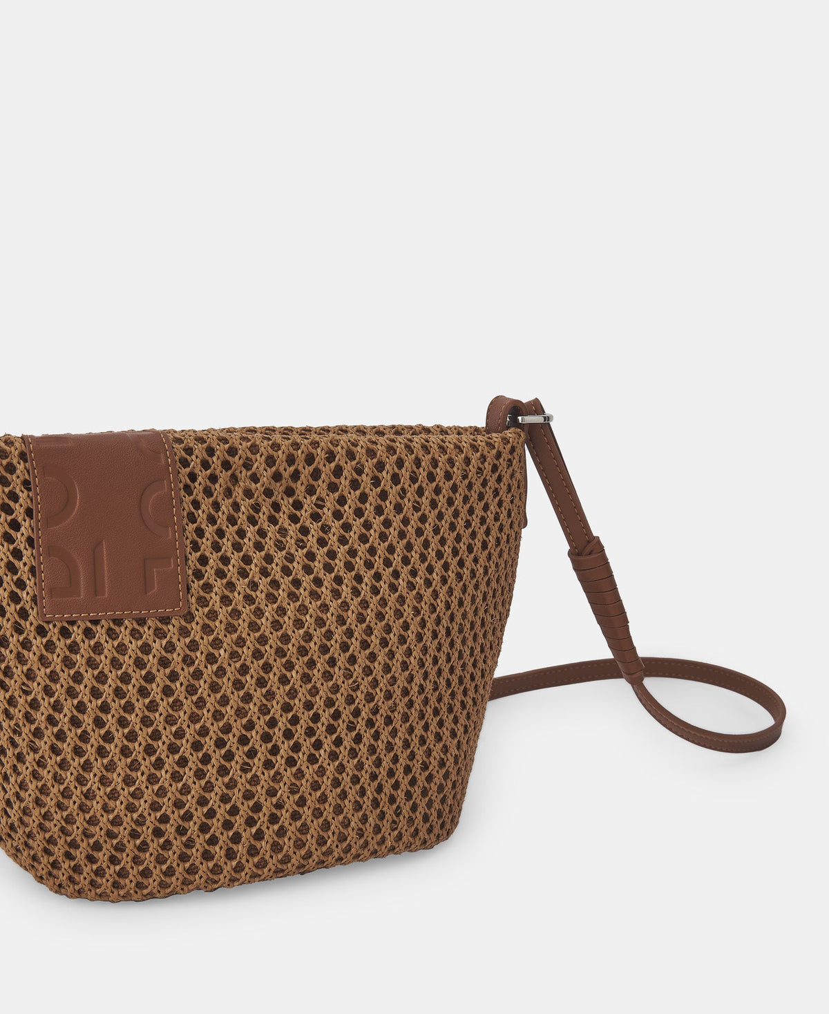 Camel Openwork Raffia Shoulder Bag