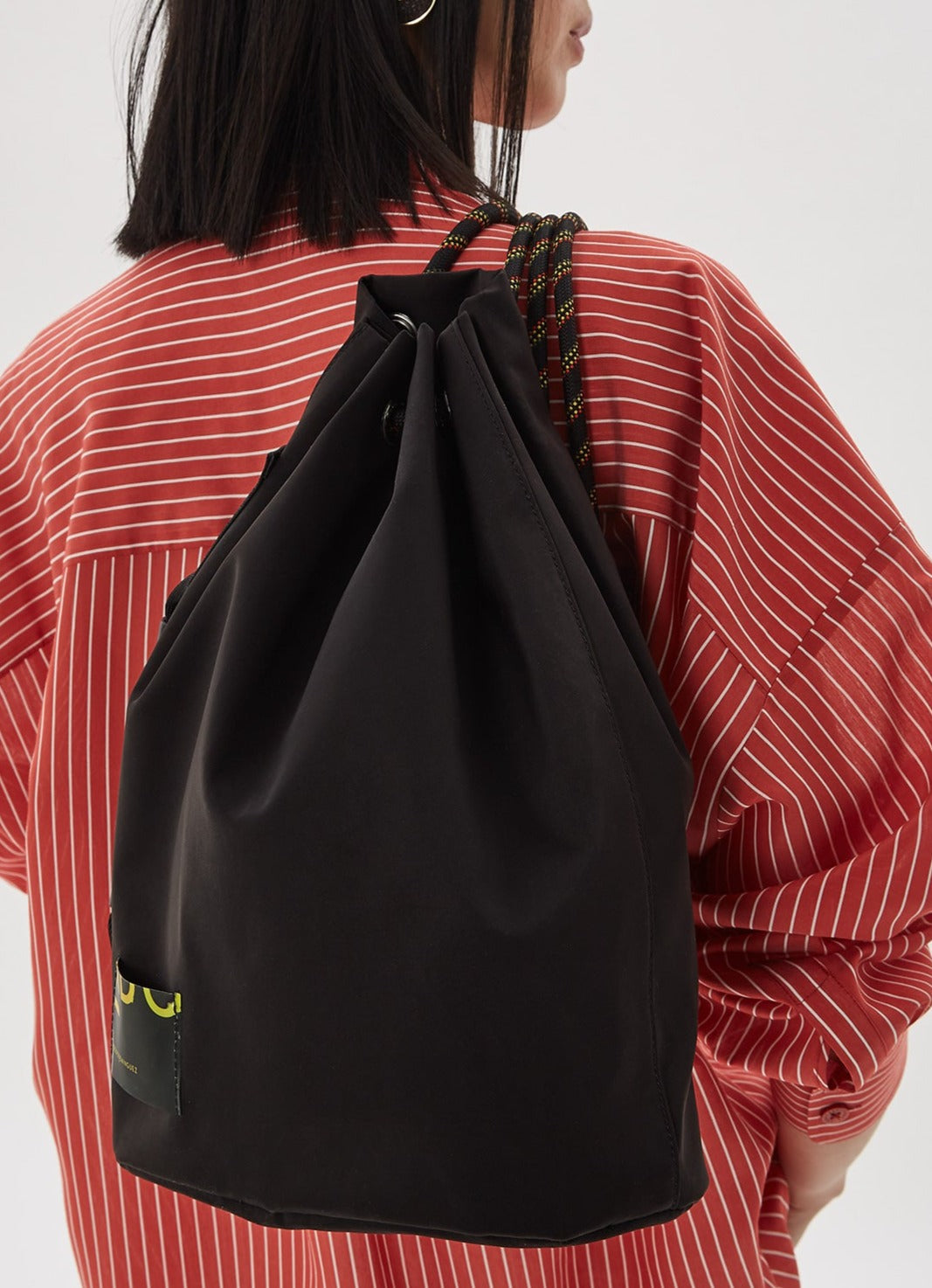 Black Nylon Drawstring Bag With Cord Straps