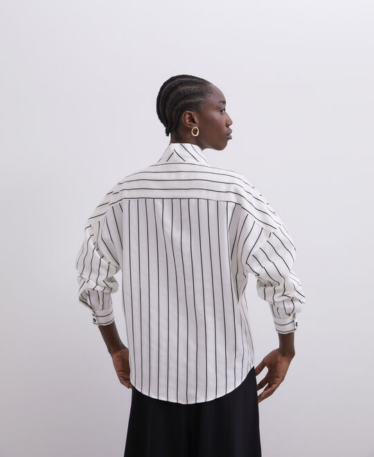 White Print Striped Shirt Lapel Collar