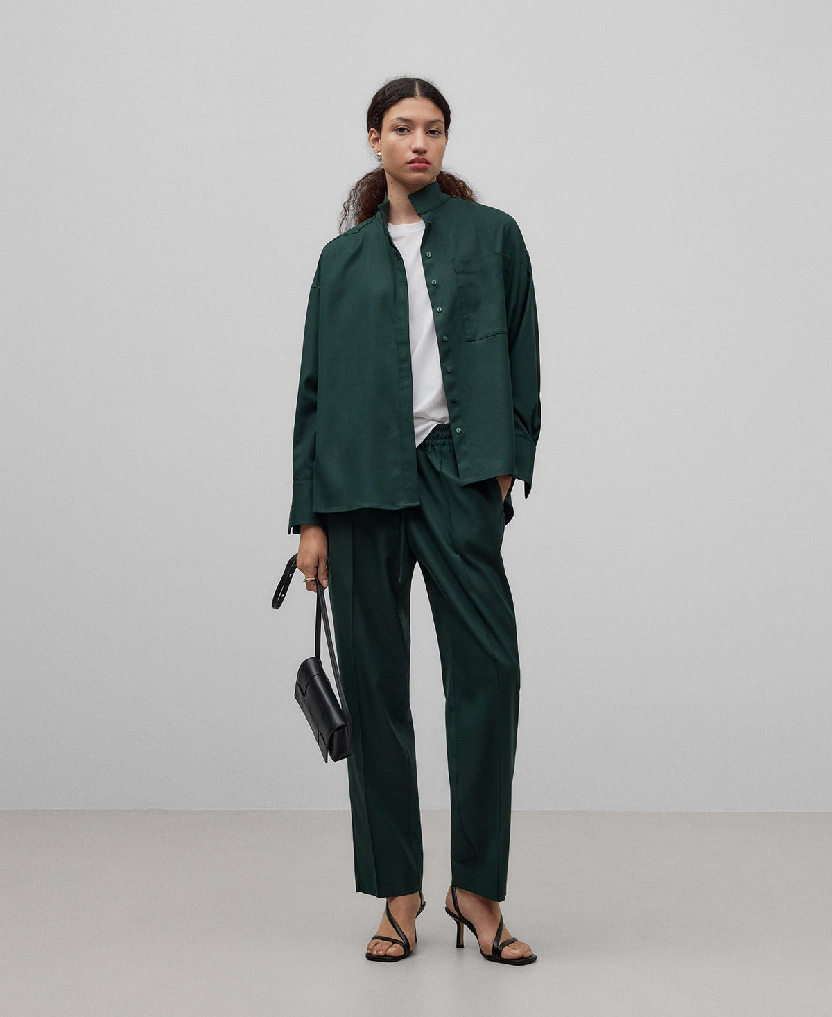 Dark green mandarin collar shirt woman in dark green