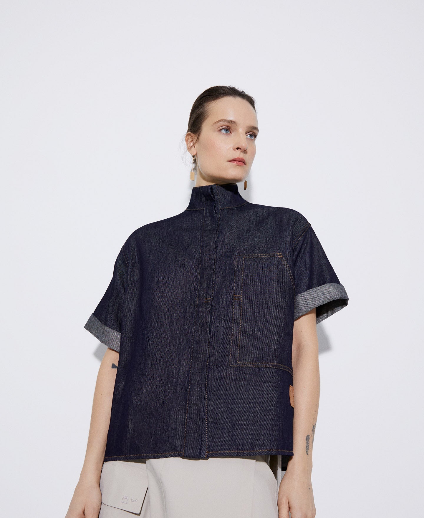 Blue Mandarin Collar Short Sleeve Shirt