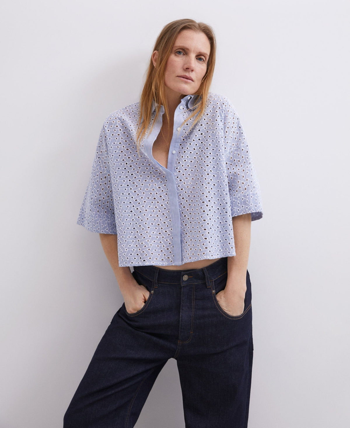 Blue Cotton Embroidered Shirt