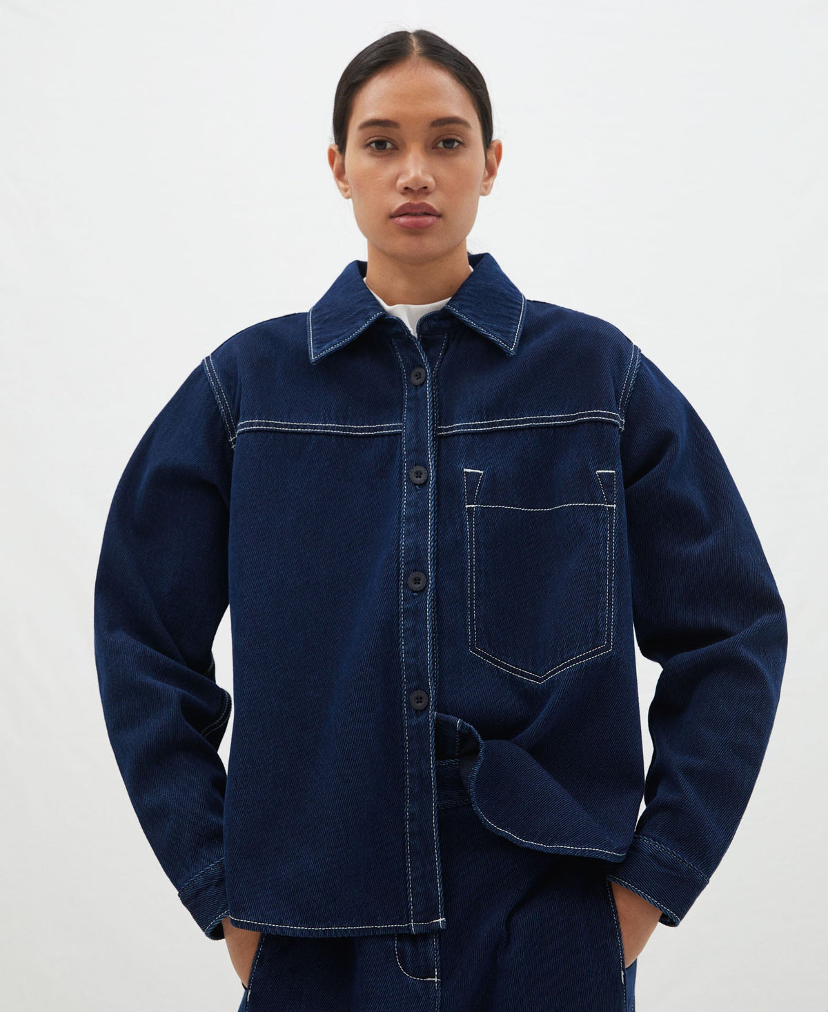 Blue Cotton Denim Textured Overshirt