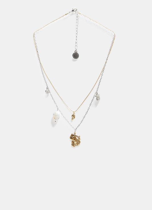 Silver/Gold Short Double Necklace With Natural Pearl