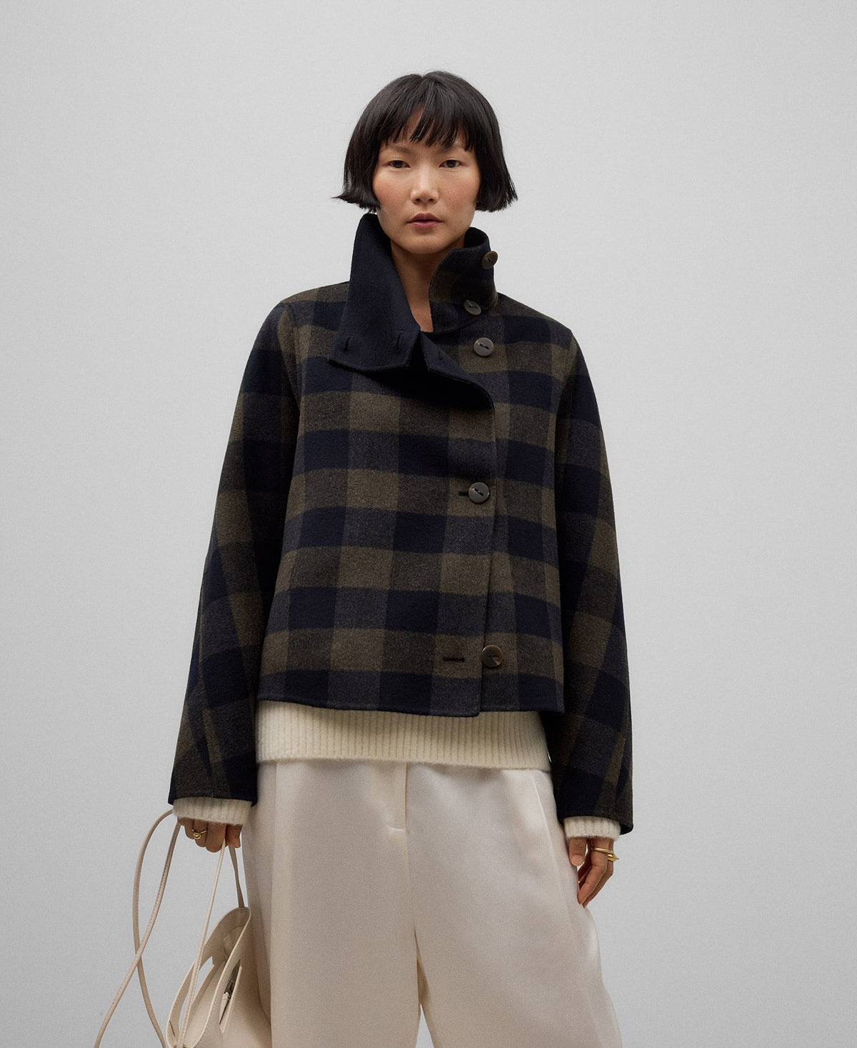 Double-faced checkered jacket woman in brown check