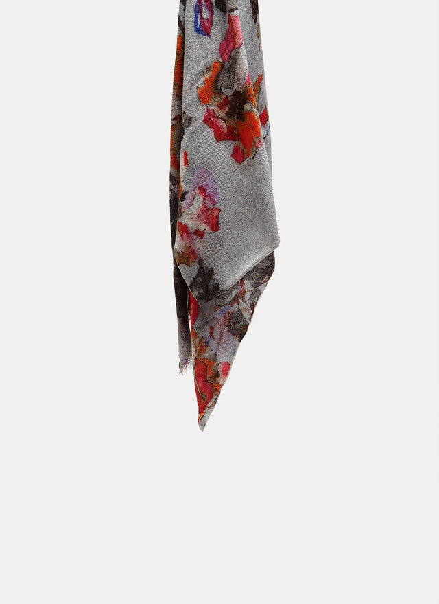 Grey Floral Print Merino Wool Scarf