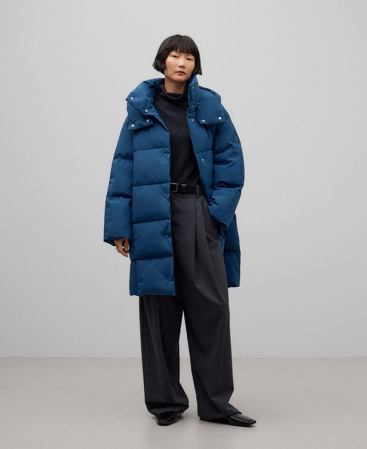 Long quilted jacket with hood woman in blue/green