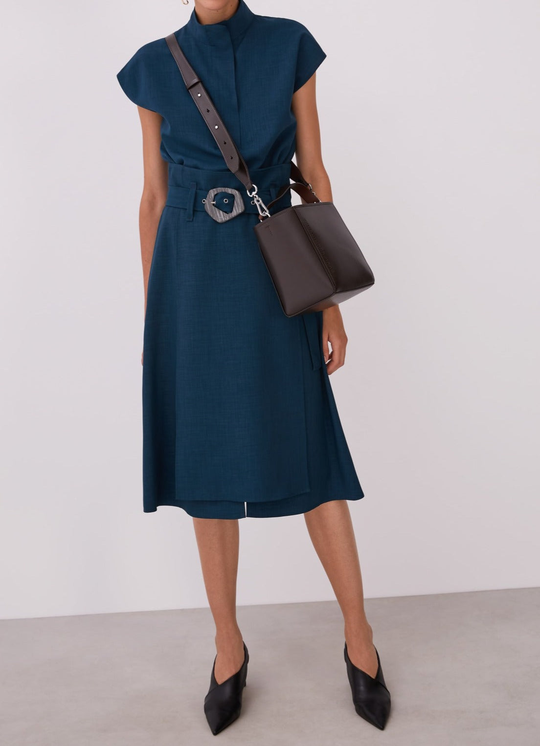 Blue Midi Skirt With Overlayer And Belt