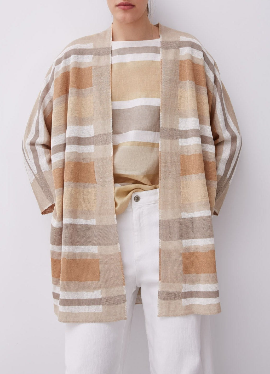 Brown Stripe Linen & Viscose Kimono Jacket