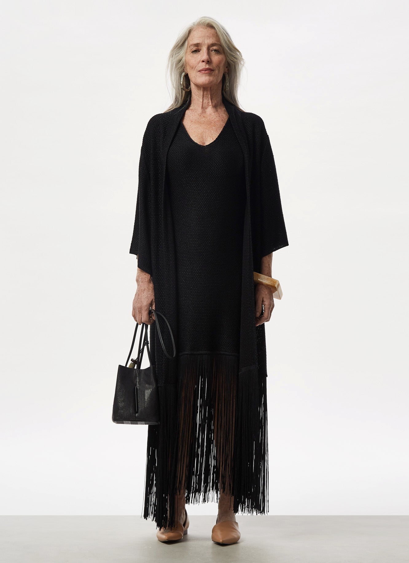 Black Knit Jacket With Tassel Hem