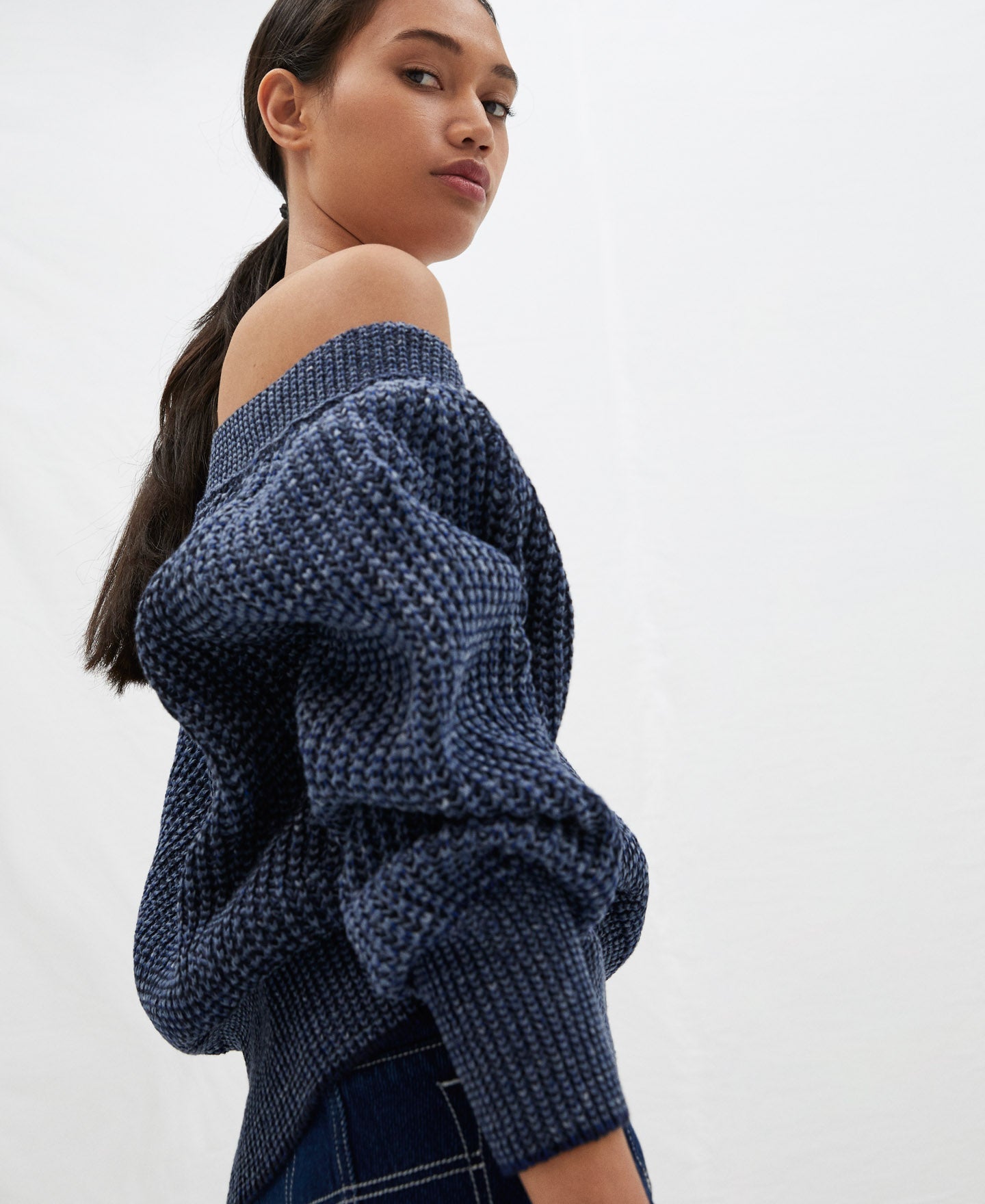 Indigo Blue/White V-Neck Knitted Sweater