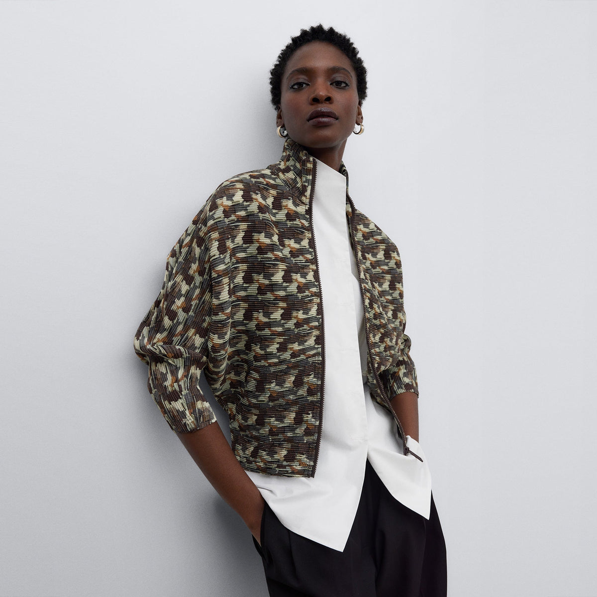 Brown Print Crinkle Printed Sweatshirt