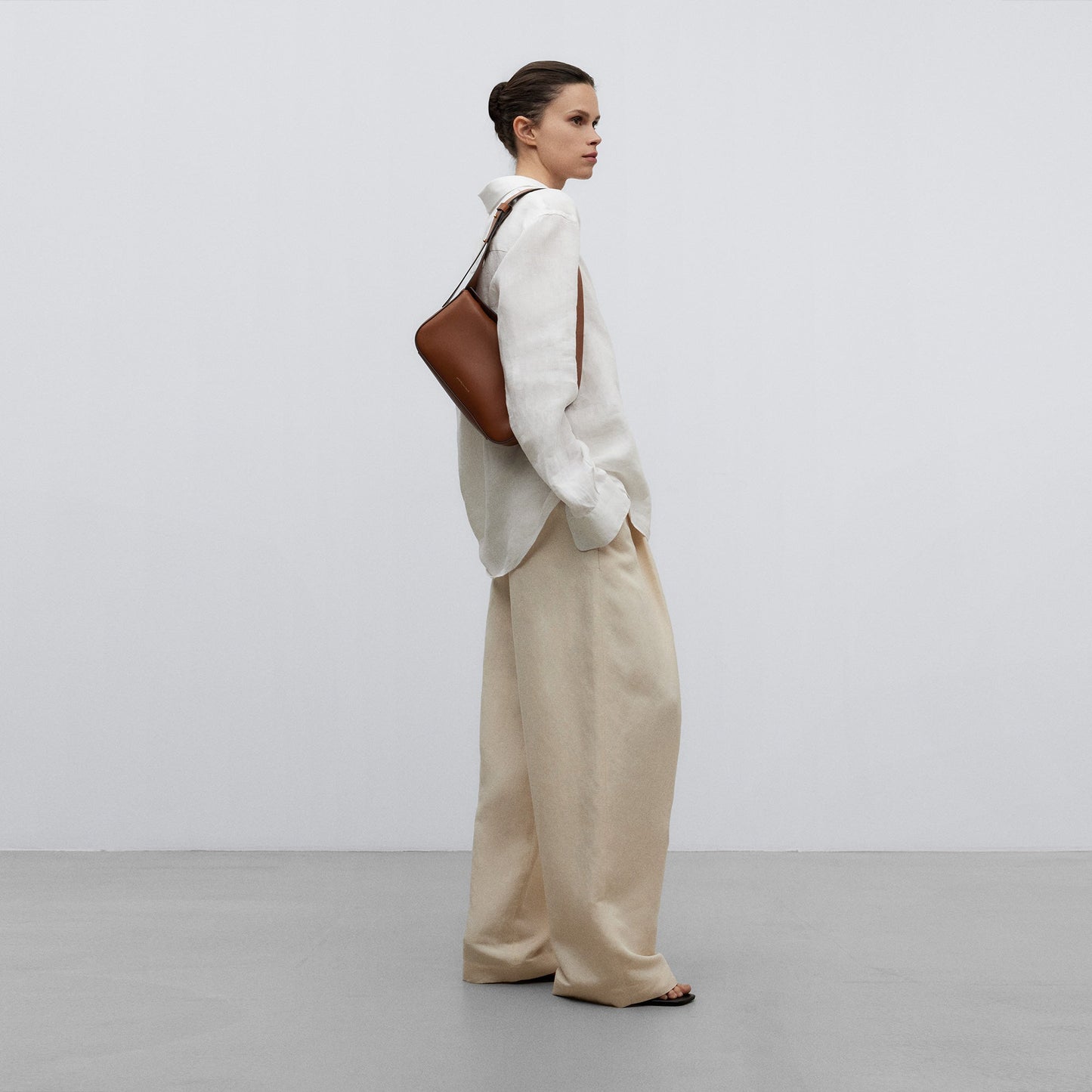 Buff Colour Medium Leather Baguette Bag