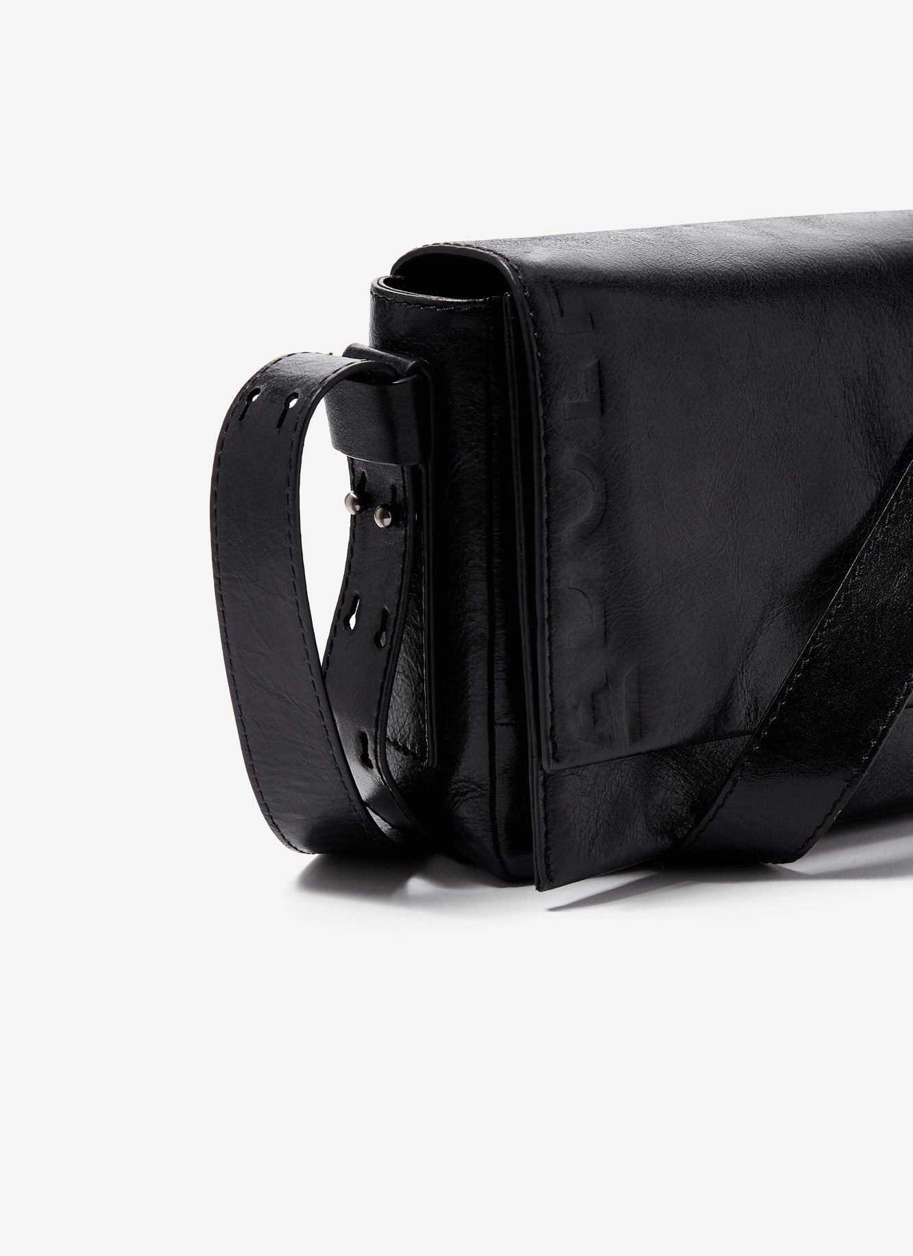Black Crackled Glossy Leather Big Flap Bag