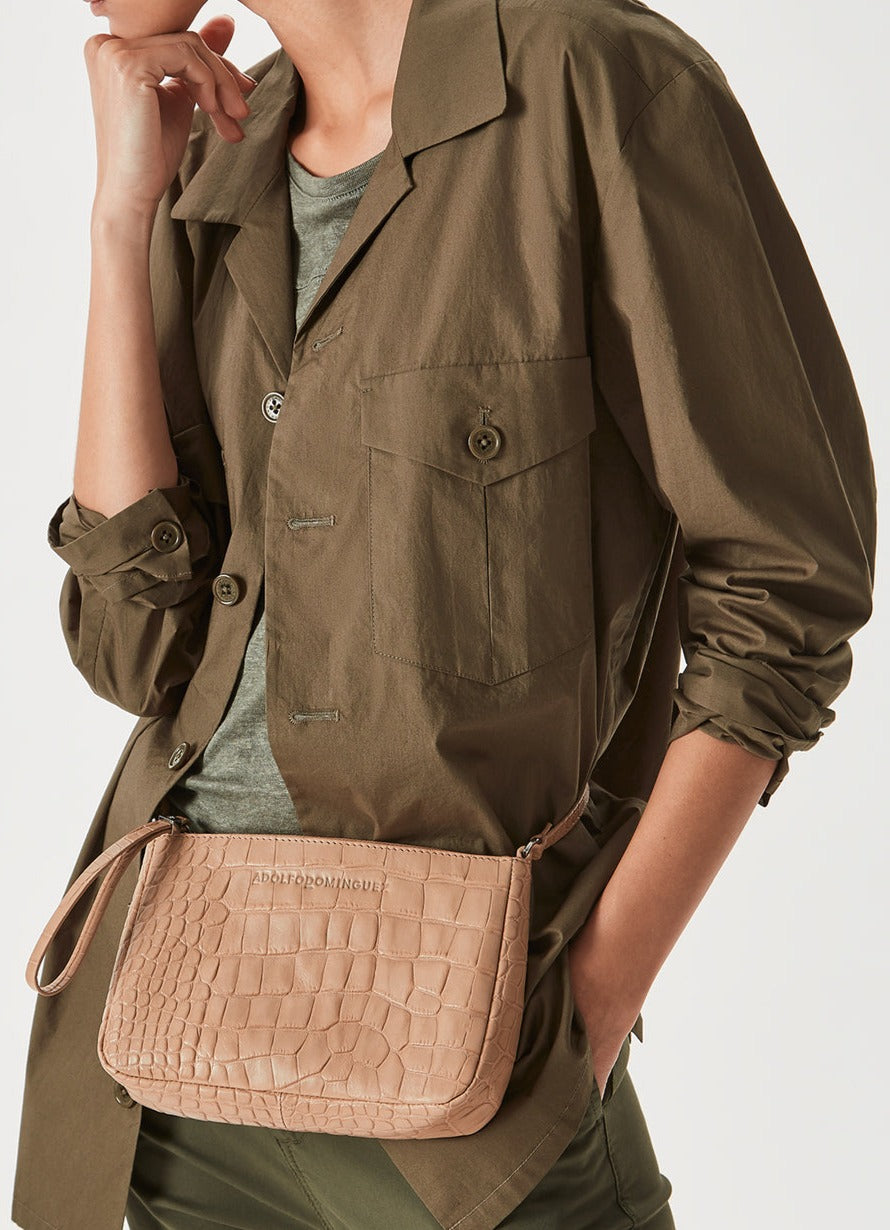 Beige Leather Crossbody Bag With Croc Finish
