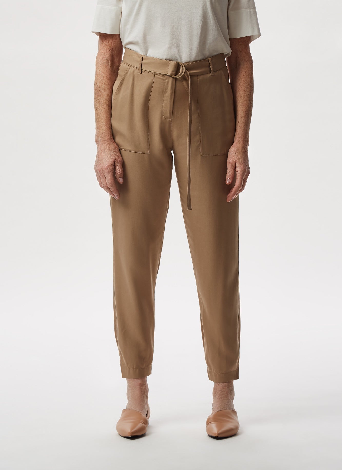 Camel Lyocell Cargo Trousers With Belt