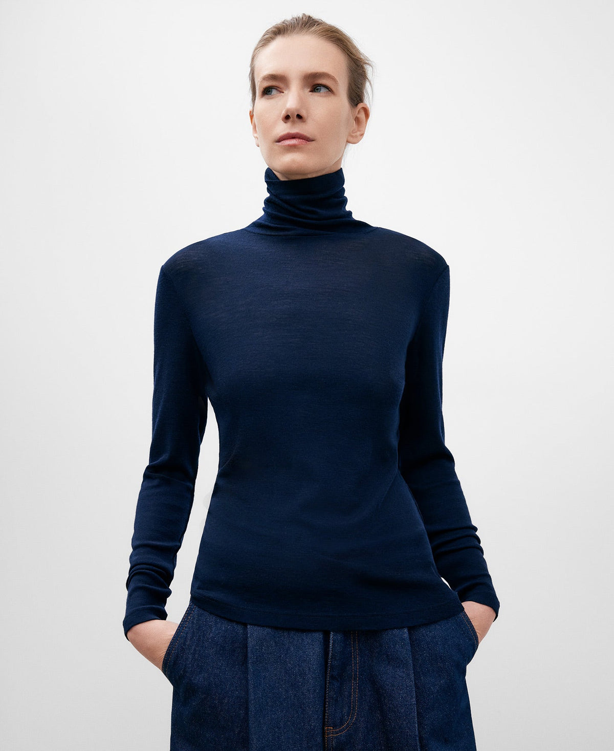 Navy Blue Merino Wool High Neck Top For Women