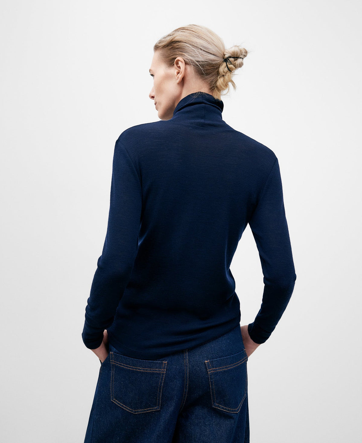 Navy Blue Merino Wool High Neck Top For Women
