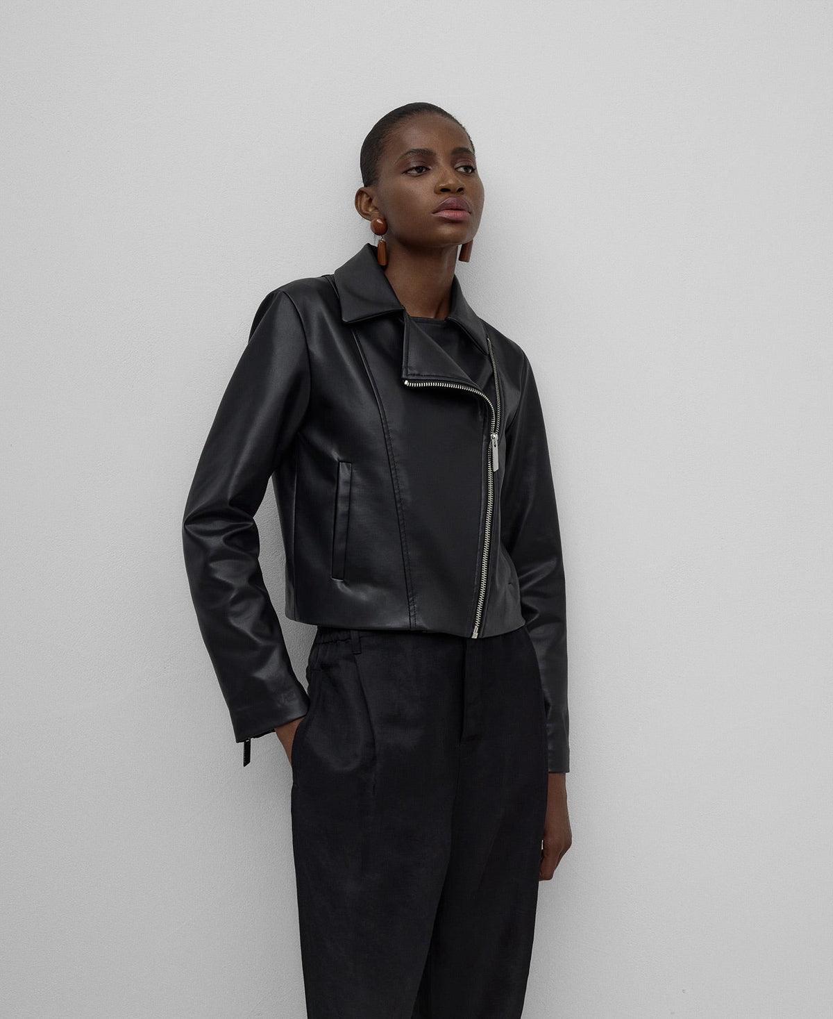 Leather-Non-Leather biker jacket woman in black