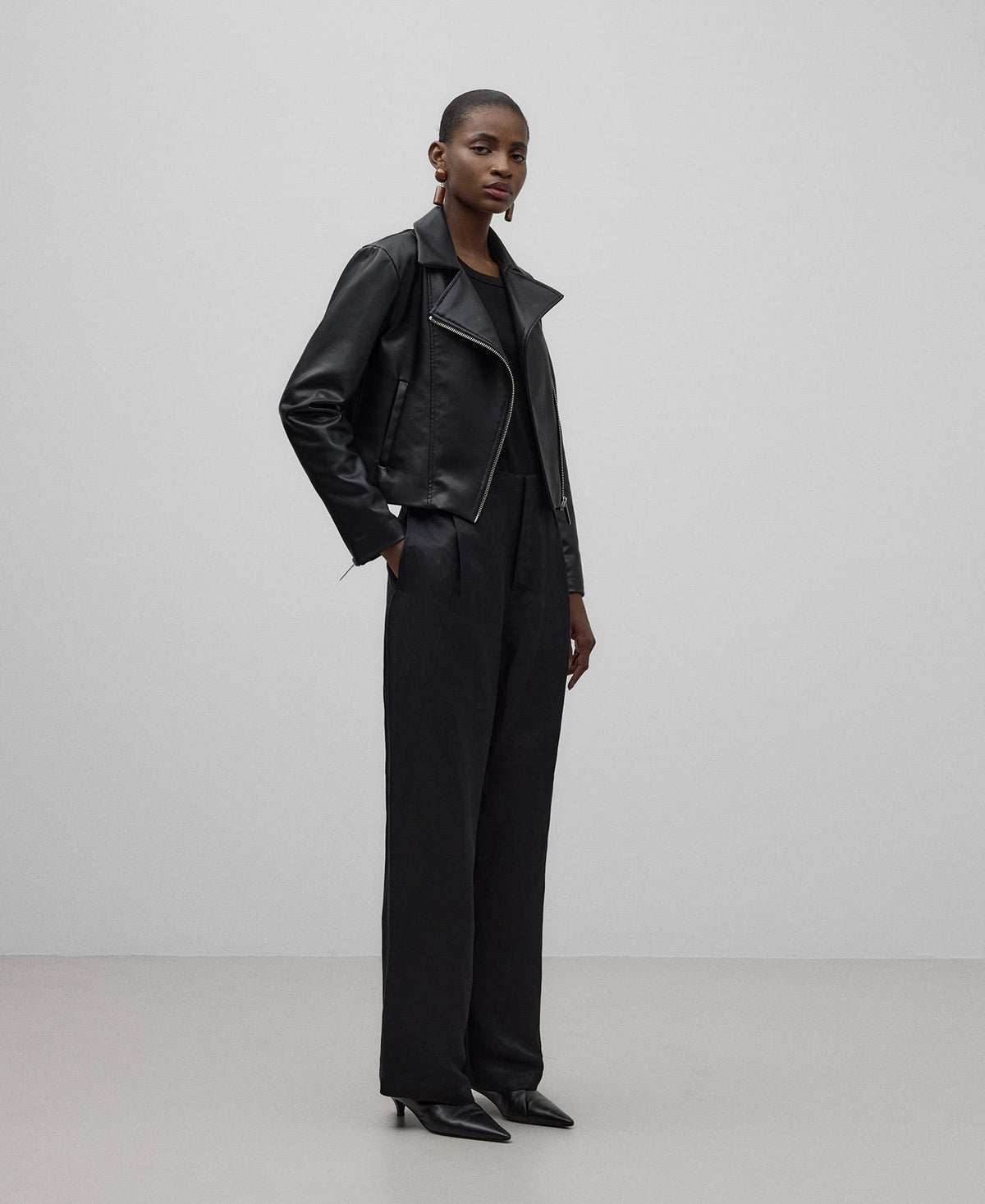 Leather-Non-Leather biker jacket woman in black