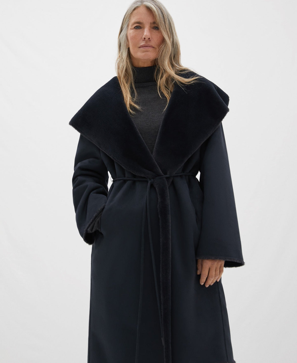 Light Grey Wrap-Around Coat With Shawl Collar