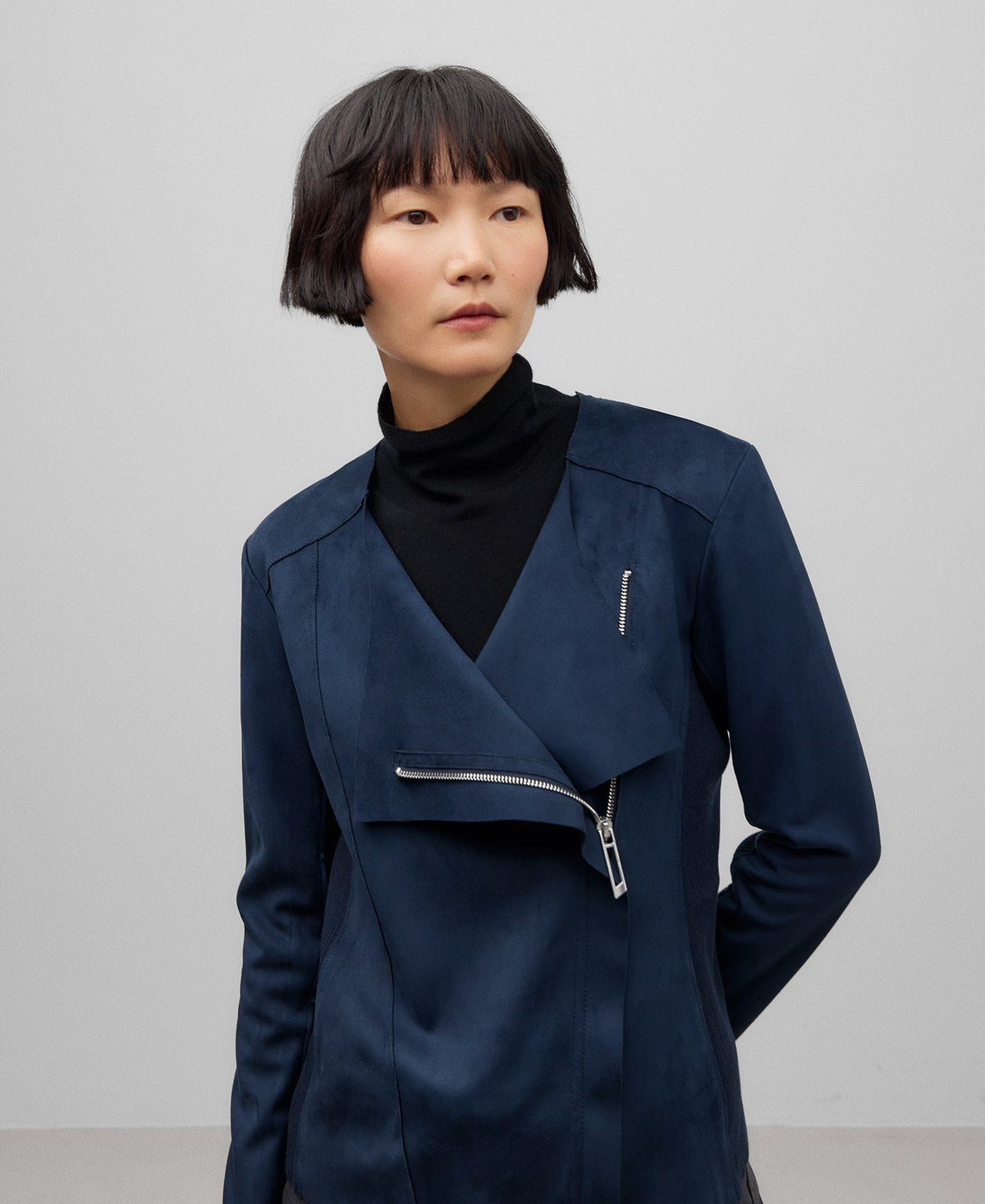 Fitted biker jacket woman in navy blue