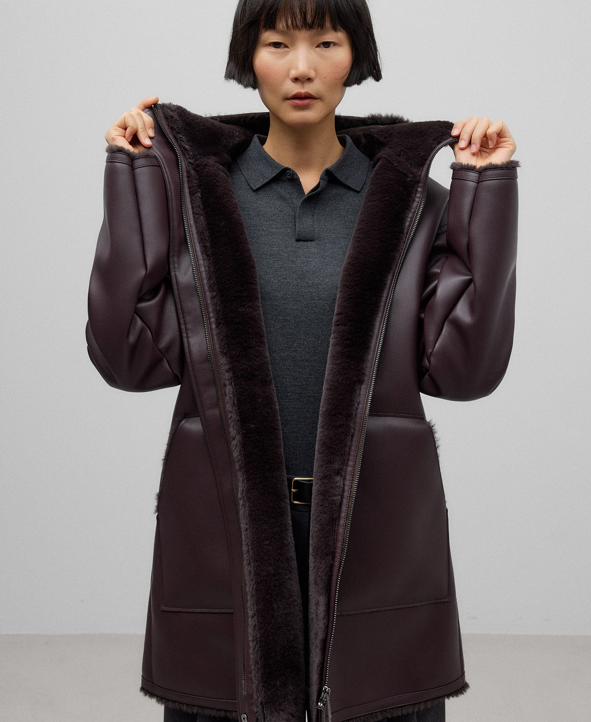 Leather-Non-Leather hooded coat woman in chocolate