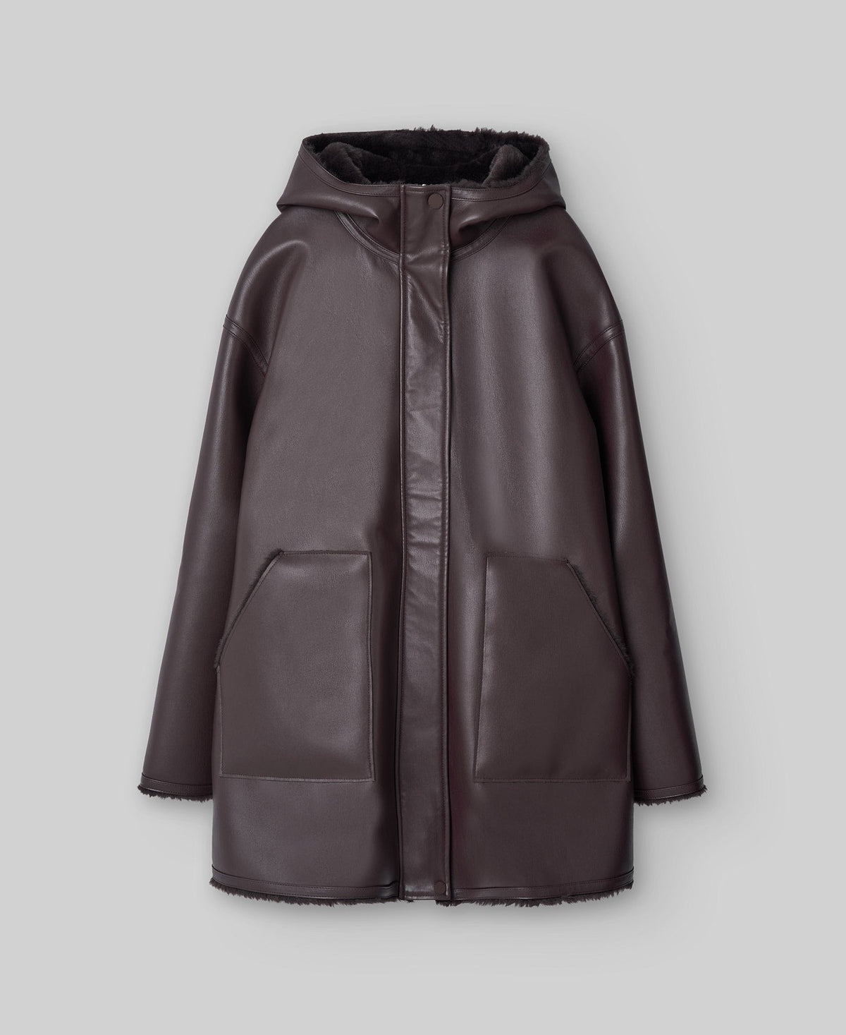 Leather-Non-Leather hooded coat woman in chocolate