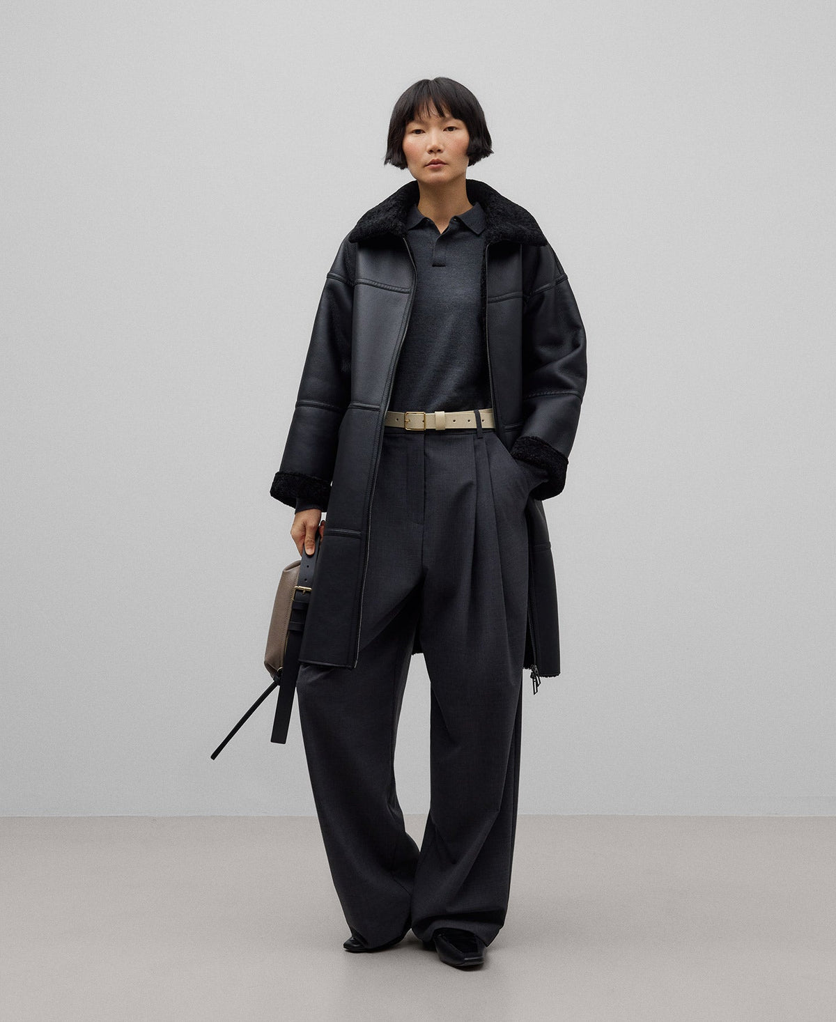 Leather-Non-Leather Long Coat in Black