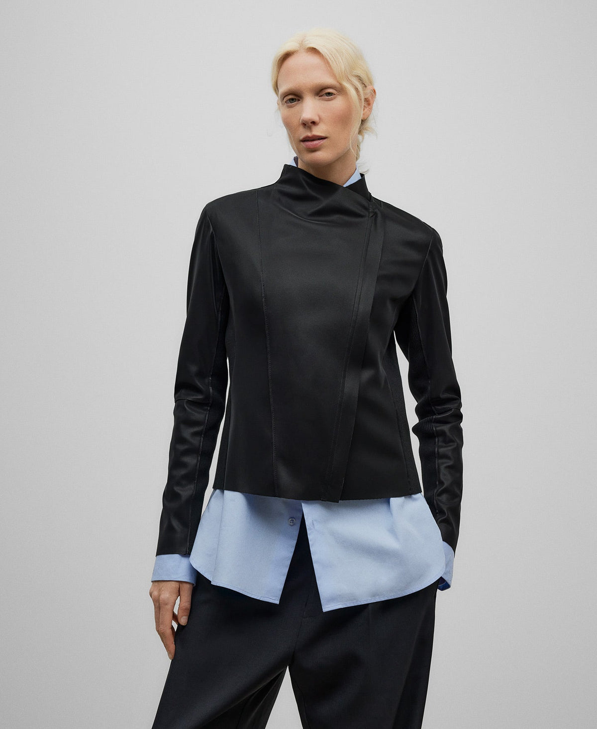 Leather-Non-Leather fitted jacket woman in black
